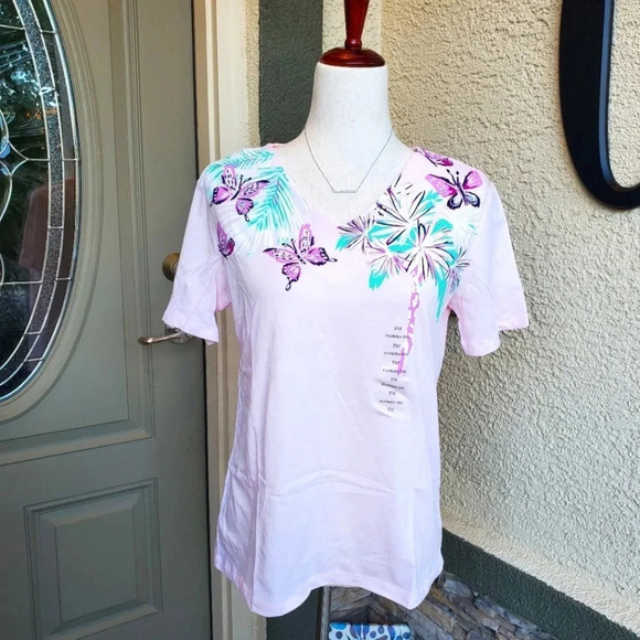 Coral Bay Tops - CORAL BAY | Petite Butterfly V-Neck Short Sleeve Top sz M
